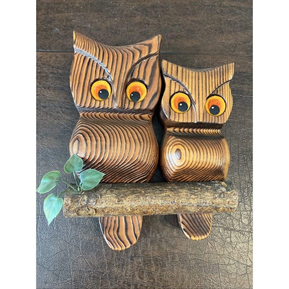 Wood Owls Felt Eyes Wall Art Two Owls Vintage 1970's MCM Carved
